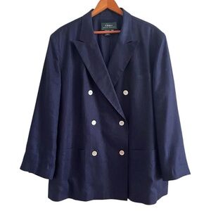 Vintage Lauren Ralph Lauren 100% Linen Double Breasted Blazer Classic Navy